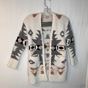 Lifestyle Warm Cozy Girl’s Cream Gray Southwestern Patterned Cardigan Sweater L